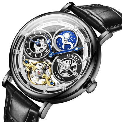 Automatic Movement Dual Time Zone Moon Phase Waterproof Tourbillon Mechanical Watch