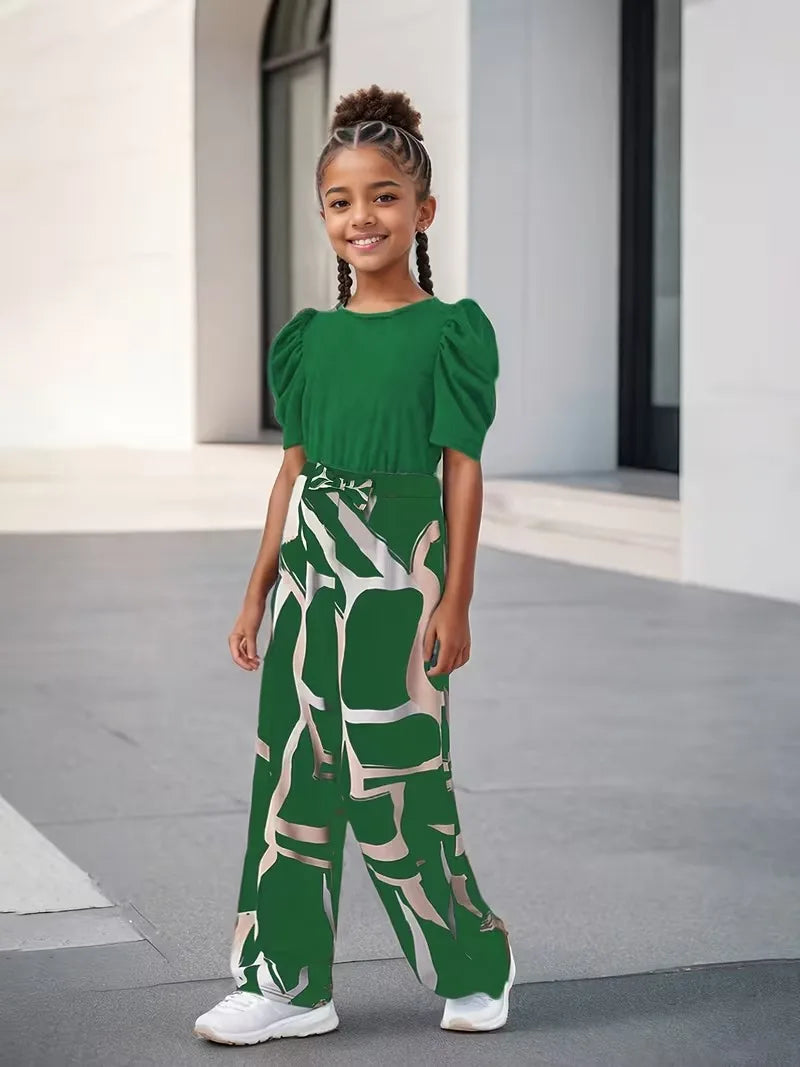 Green Puff Sleeve Ribbed Abstract Print Wide Leg Pants Set