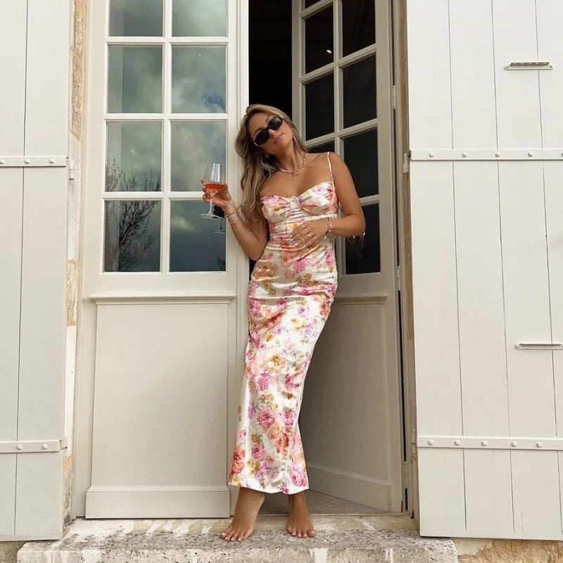 Floral Split Slim Sleeveless Spaghetti Strap Dress Mini Dress