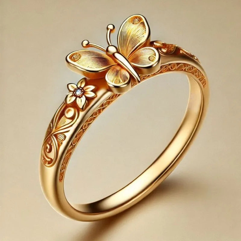 Gorgeous Hand Carved Butterfly Flower Gold Metal Geometry Rings