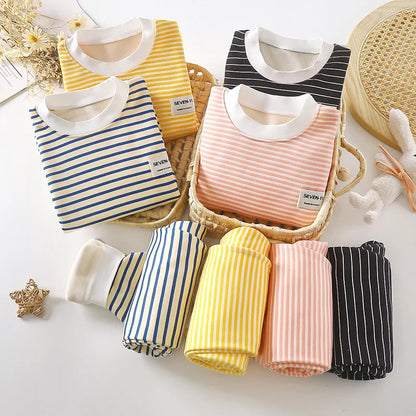 Striped Plush Warm Pajamas Autumn and Winter Pajamas 0-5 Years Old Set