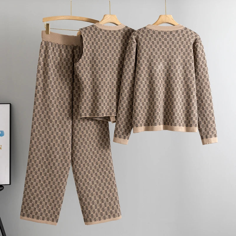 Elegant Long Sleeve Sweater Coat Single Breasted Knit Vest 3 Piece Sets