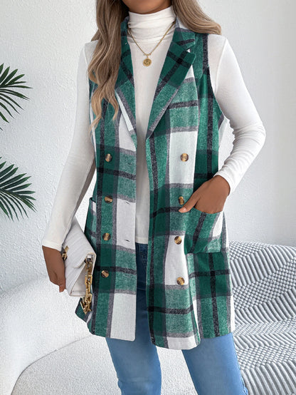 Lapel Double Breasted Plaid Vest Sleeveless Blazer