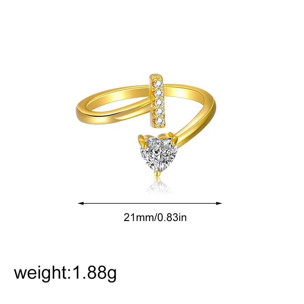 Gold Letter Open Heart Shape Cubic Zirconia  A-Z 26 Letter  Lnitials Rings