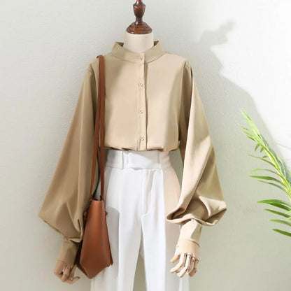 Long Lantern Sleeve Collar Loose Blouses