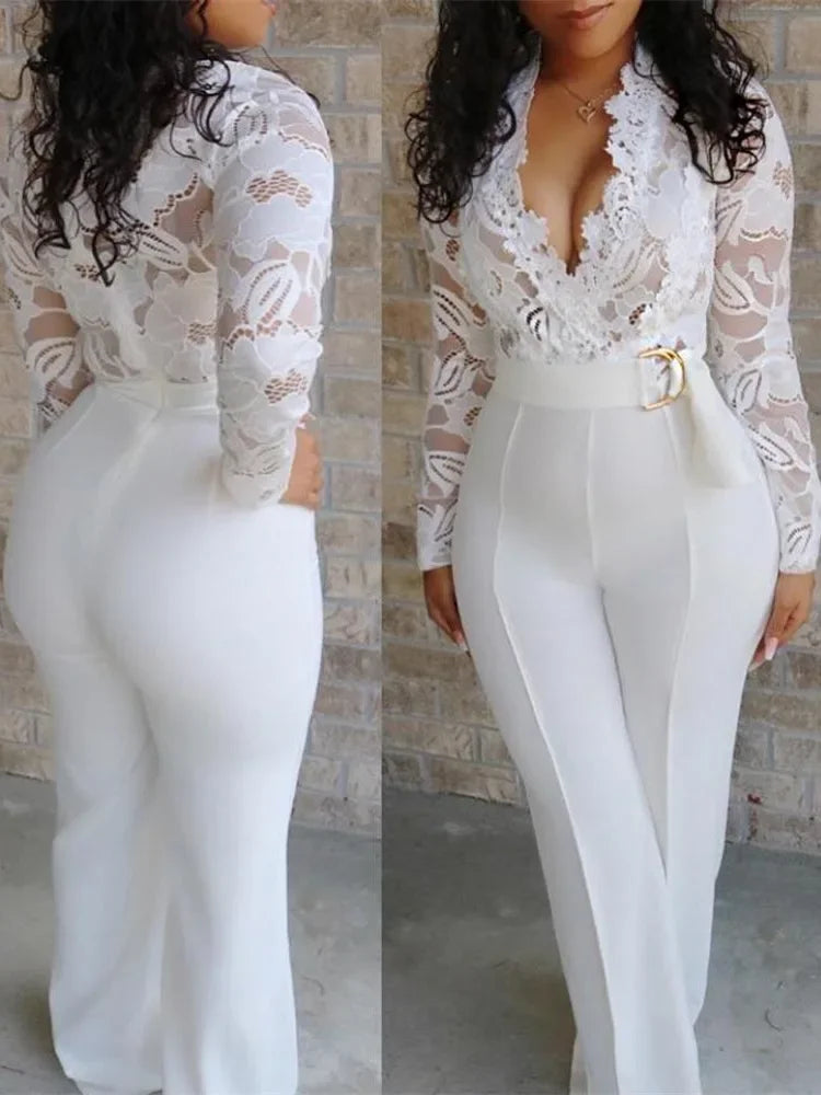 White Overalls Elegant Lace Long High Waist