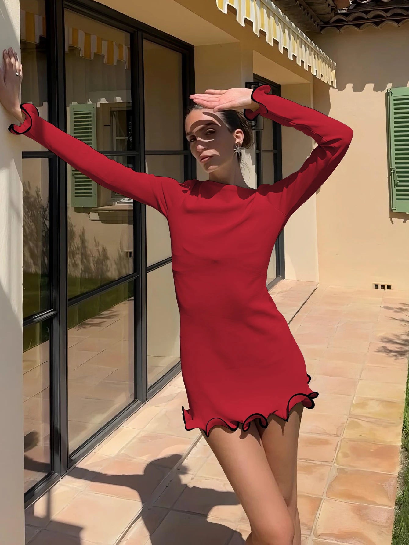 O-Neck Long Sleeves Ruffles Mini Dress