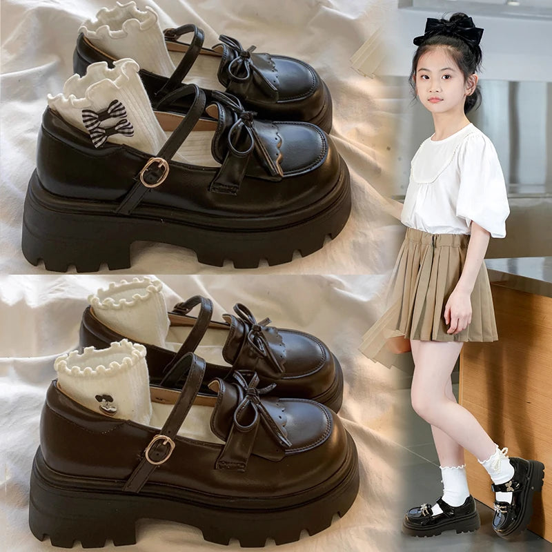 Black Leather Mary Janes Bow Thick Sole Casual Toddler Shoes