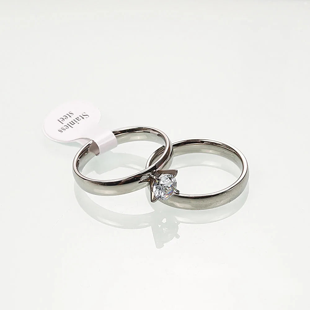 Zircon 4MM Charm Stainless Steel Gold Couple Rings Set