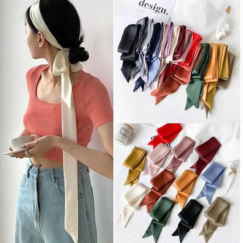5x200cm Satin Silk Narrow Scarf Neckerchief Solid Neck Scarves Long Silk Thin Scarf
