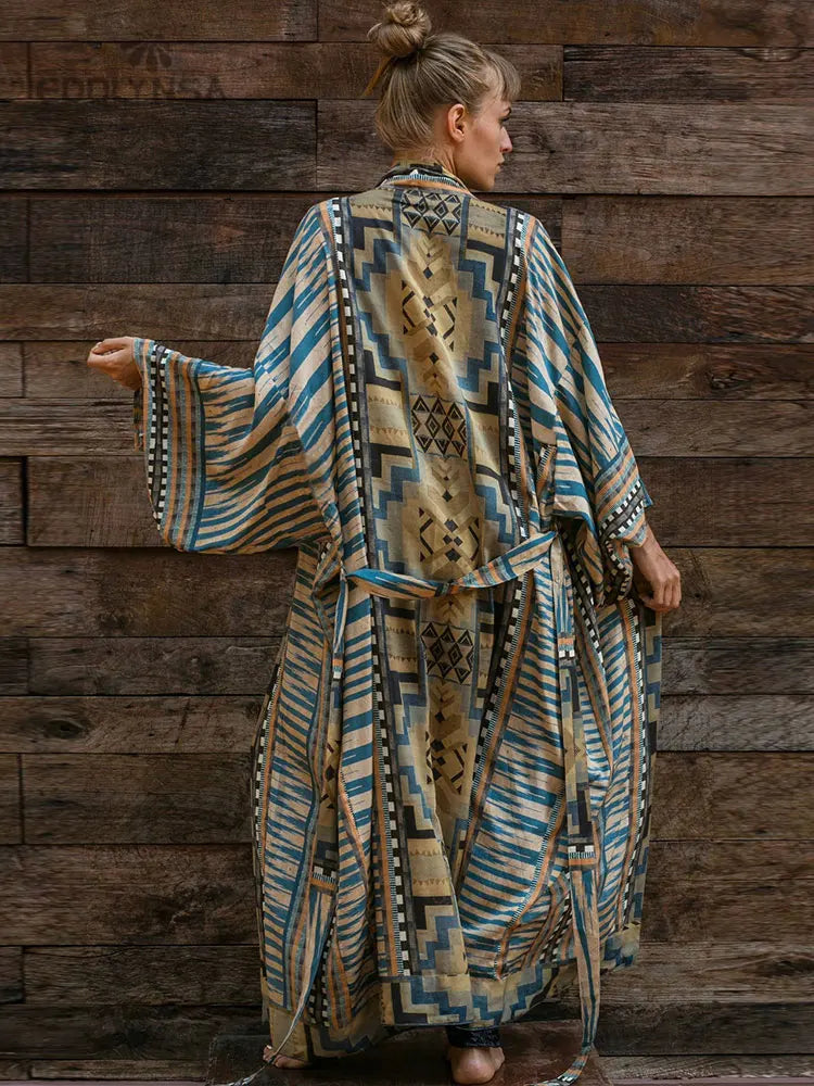 Retro Printed Long Sleeve Self Belted Plus Size Bohemian Blouses