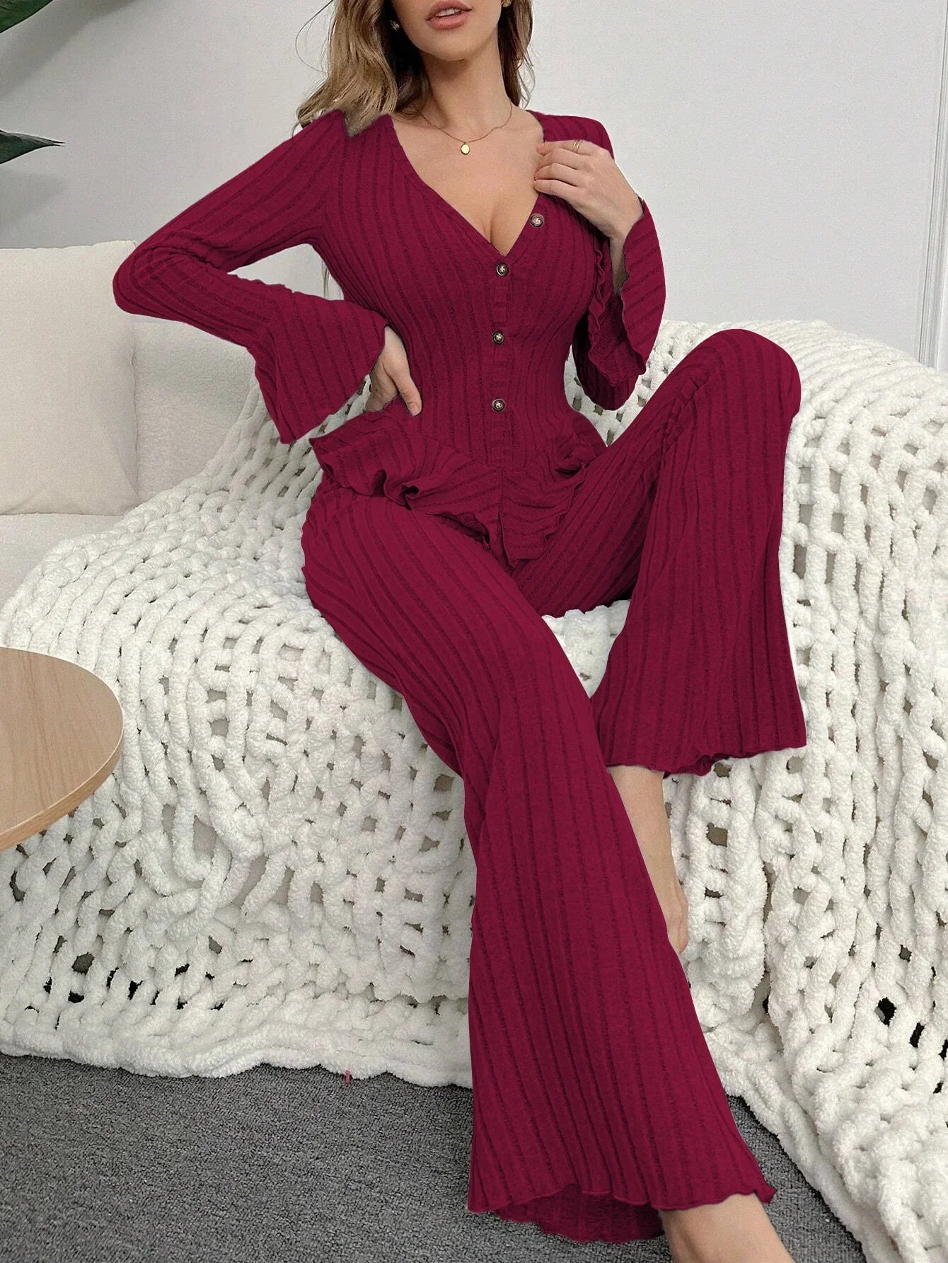 Sexy V Neck Long Sleeve Pyjamas Set