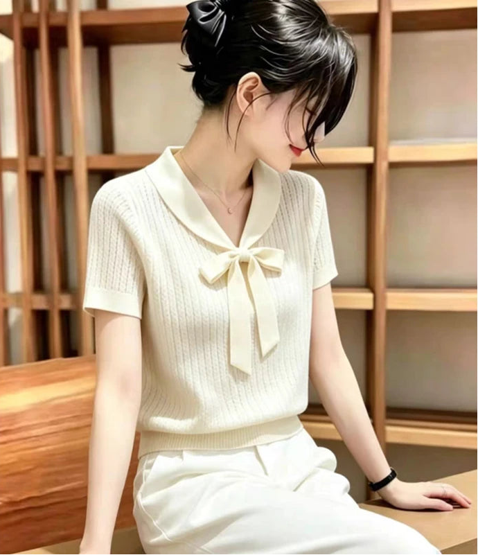 Knitted Bow Collar White Knit Sweater Pullover