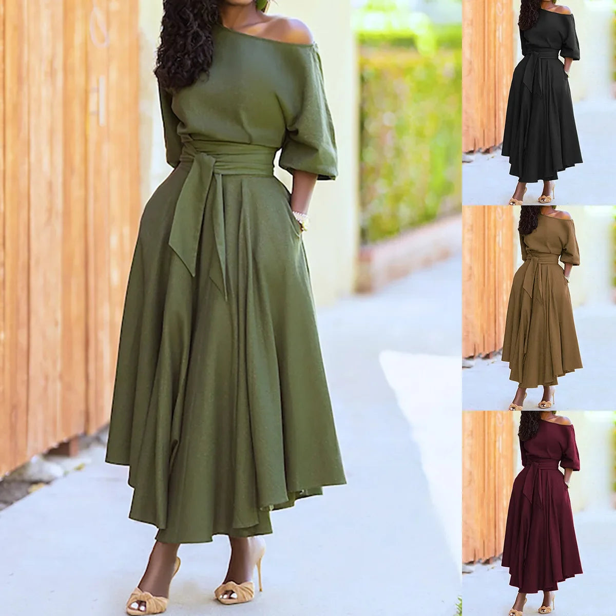 Slanted Shoulder Collar Tie maxi dress S-2XL Size
