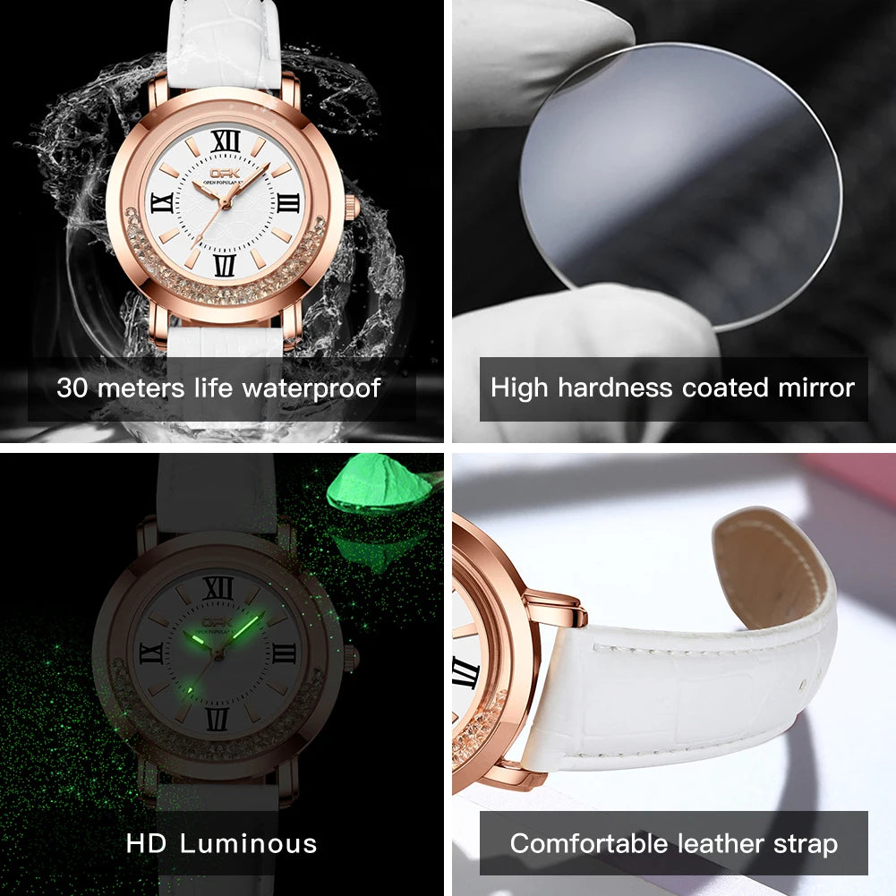 Quartz Leather Strap Diamond Bezel Waterproof Luminous Watch