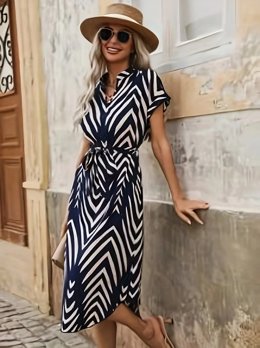Elegant V-neck Short Sleeved Stripe Belt Dress
