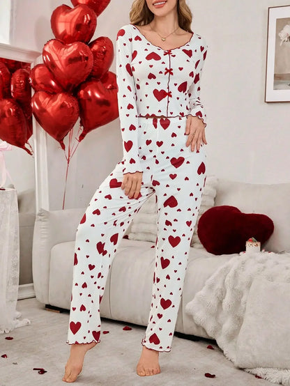 Heart Print Long Sleeve Pyjamas Set
