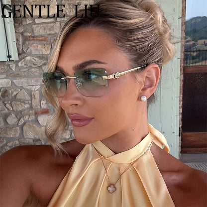 Rectangle Rimless Punk Luxury Metal Frame Sun Glasses