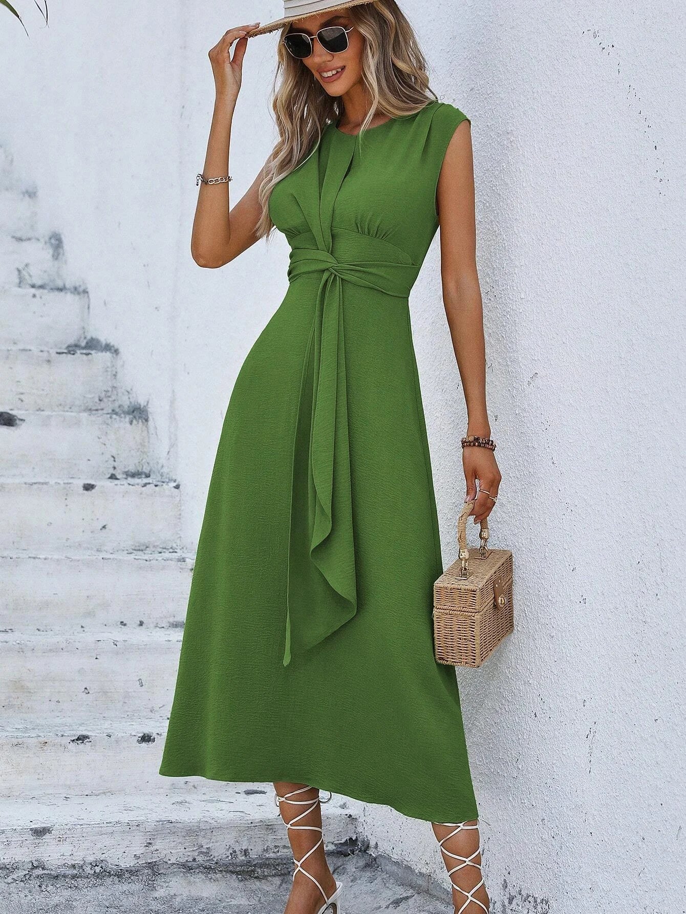 Sleeveless Front Thin Straps Midi Dress