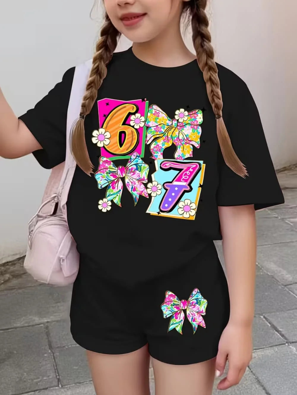 67 Six Seven Cute Bows Flowers Print Short Sleeve T-Shirt Set