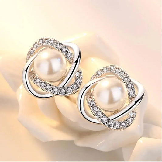 925 Silver Zircon Pearl Twist Stud Earrings