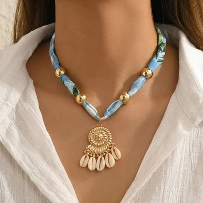 Boho Printed Fabric Choker Gold Starfish Shell Cowrie Necklace