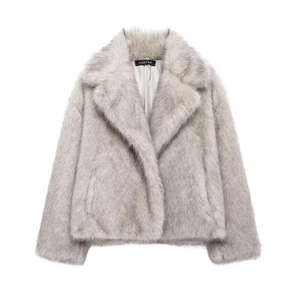 Elegant Faux Fur Warm Fluffy Loose Long Sleeve Lapel Jacket