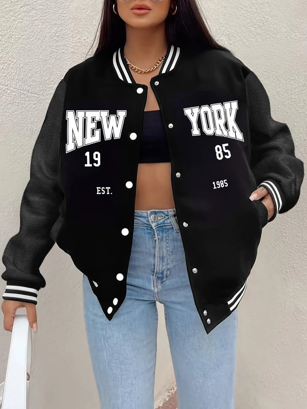 New York 1985 Letter Prints Loose Baseball Jersey Fleece Warm Soft Jackets