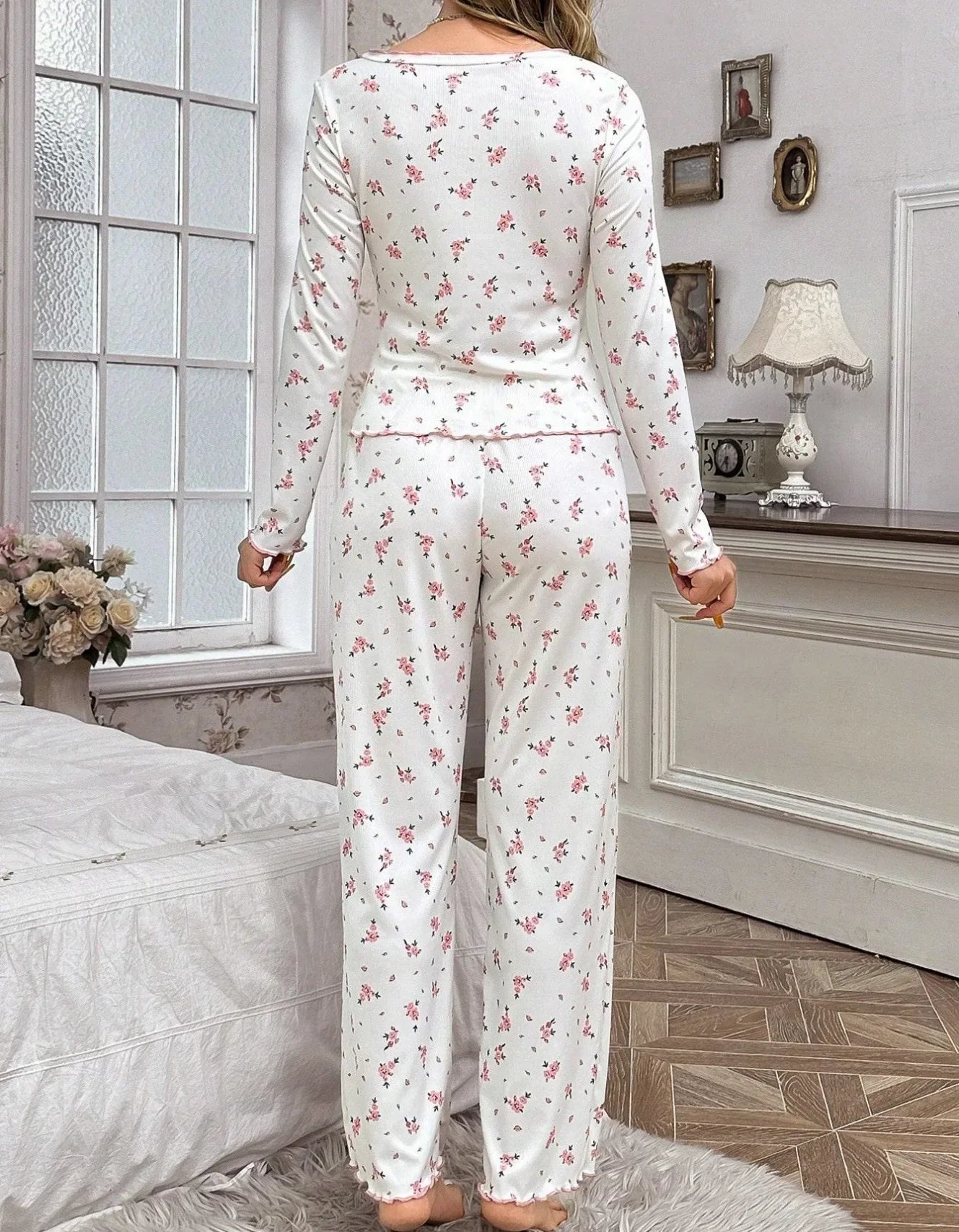 Round Neck Floral Printed Long Sleeve Home Wear Loungewear Set