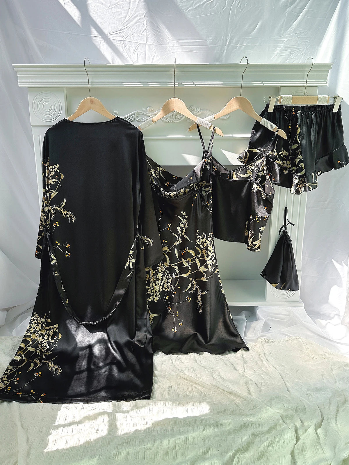 5pcs Floral Print Long Sleeve Robe Cami Dress Pajamas Sets