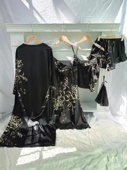 5pcs Floral Print Long Sleeve Robe Cami Dress Pajamas Sets
