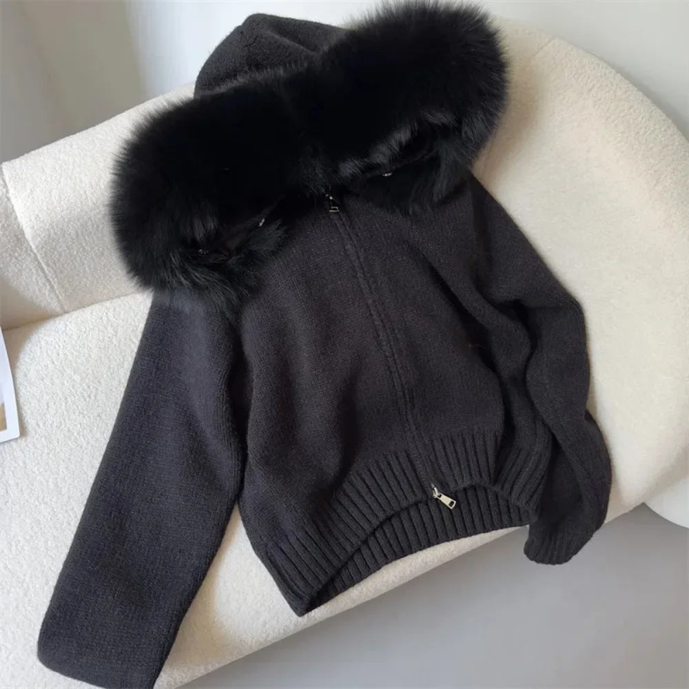 Hooded Real Fox Fur Collar Jacket