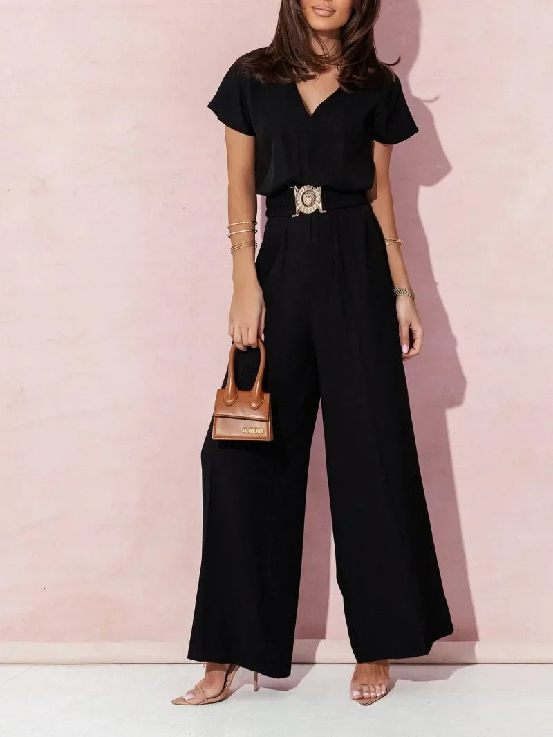 V-neck Short Sleeve Casual Belt  Jumpsuit