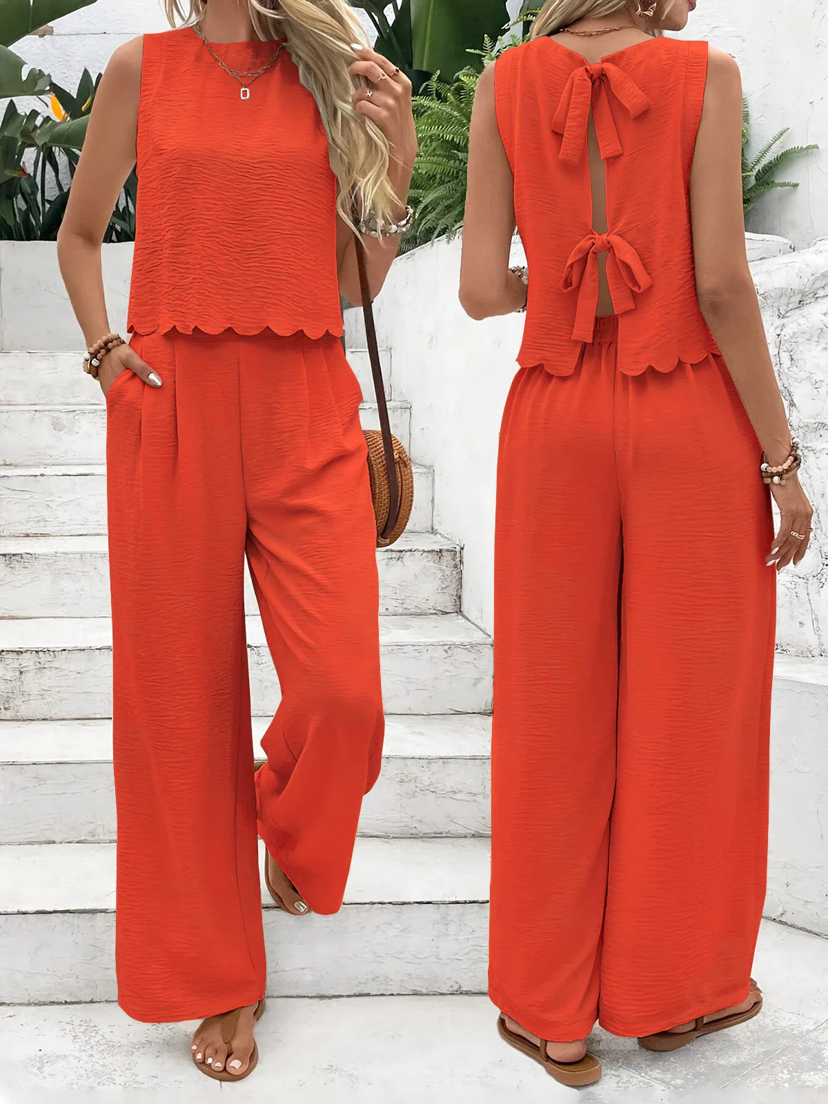 Linen Tie Sleeveless Top And Pants Set