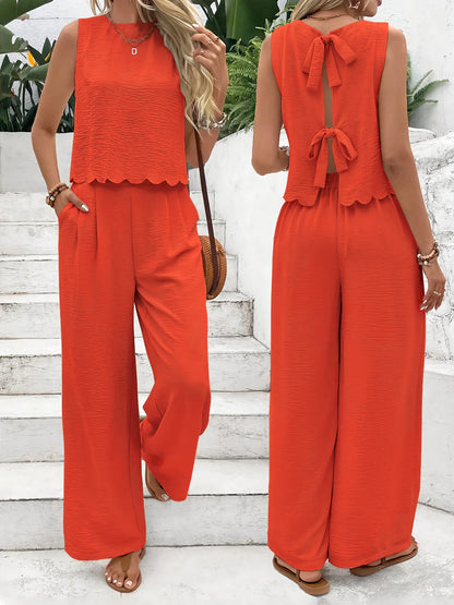 Linen Tie Sleeveless Top And Pants Set