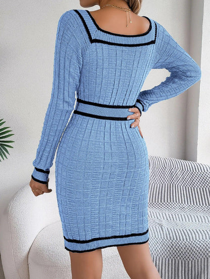Elegant Square Collar Button Long Sleeve Dress