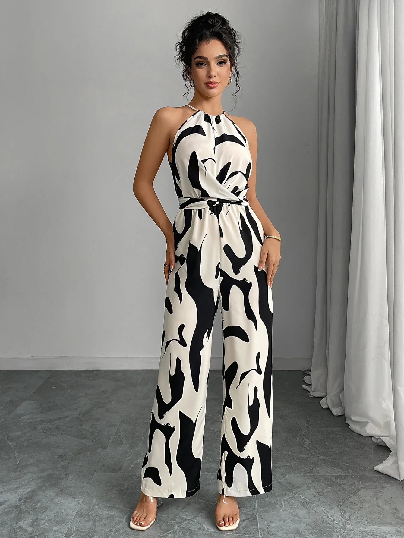 Zebra striped camisole jumpsuit wide leg pants