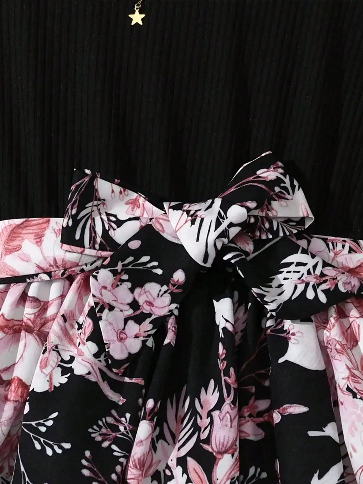 Round Neck Long Sleeve Waist Cinched Floral Print mid Dress