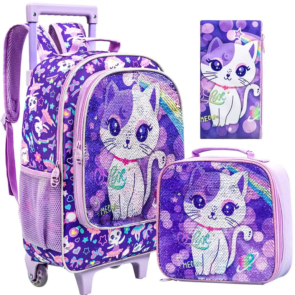 3PCS Rolling Backpack for Girls Kids Roller Wheels Bookbag