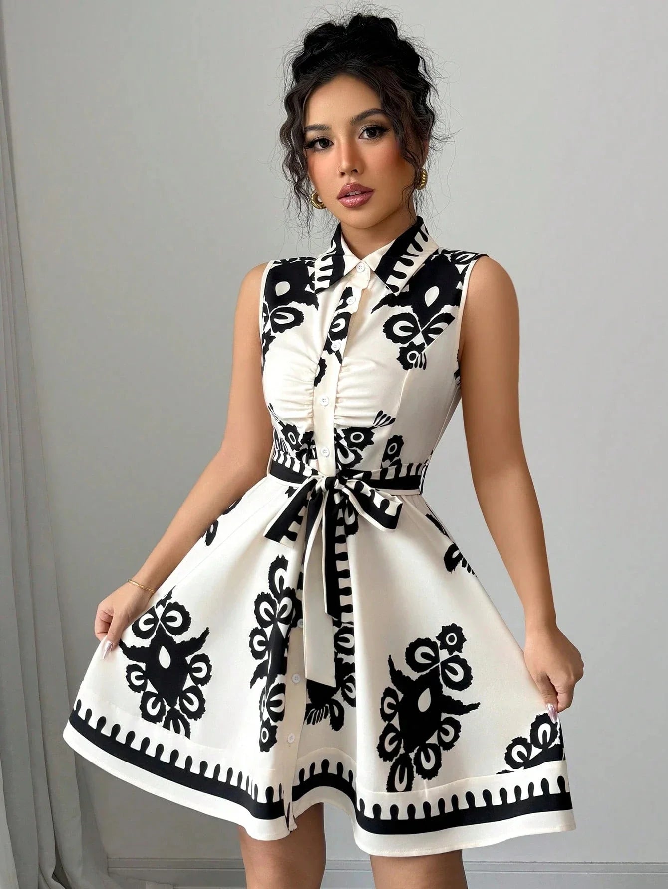 Strapless Floral Print Belted Waist Dress