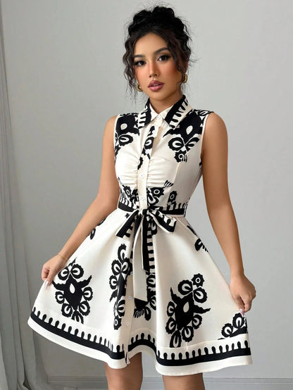 Strapless Floral Print Belted Waist Dress
