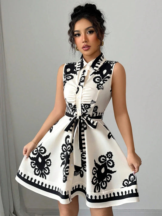 Strapless Floral Print Belted Waist Dress