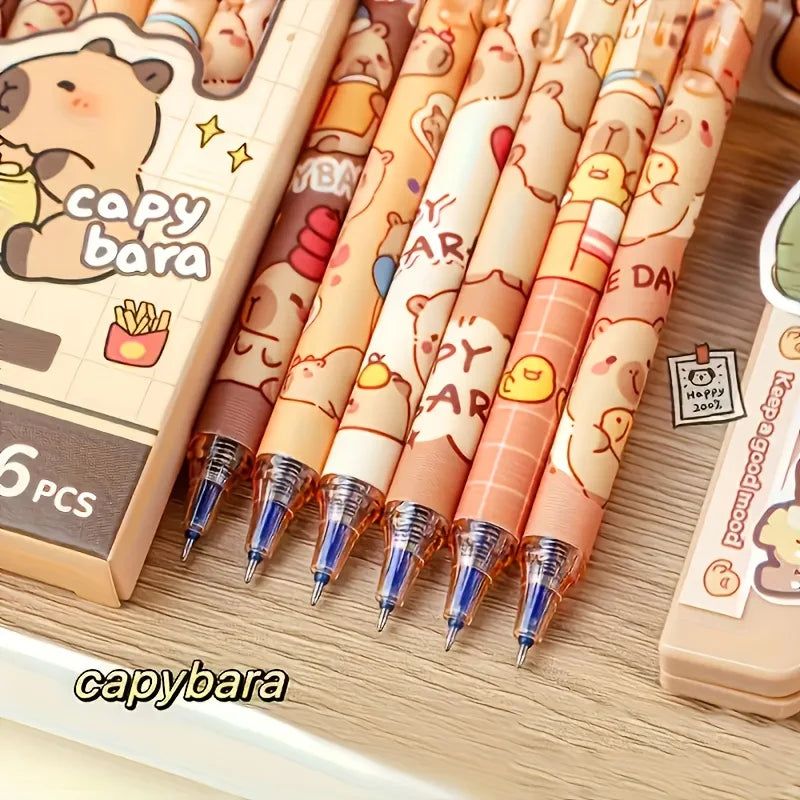 6pcs Cute Capybara Erasable Gel Pens | 0.5mm Blue Ink for School