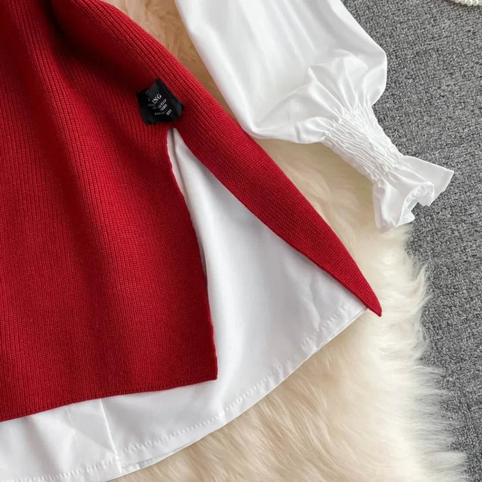 Chic Age-Reducing Long Sleeve White Shirt Sweater Loose Fit Knit Vest Pullover Set