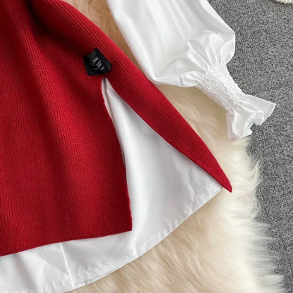 Chic Age-Reducing Long Sleeve White Shirt Sweater Loose Fit Knit Vest Pullover Set
