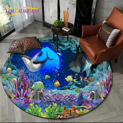 3D Seabed Illusion Underwater World Dolphin Round Area Rug