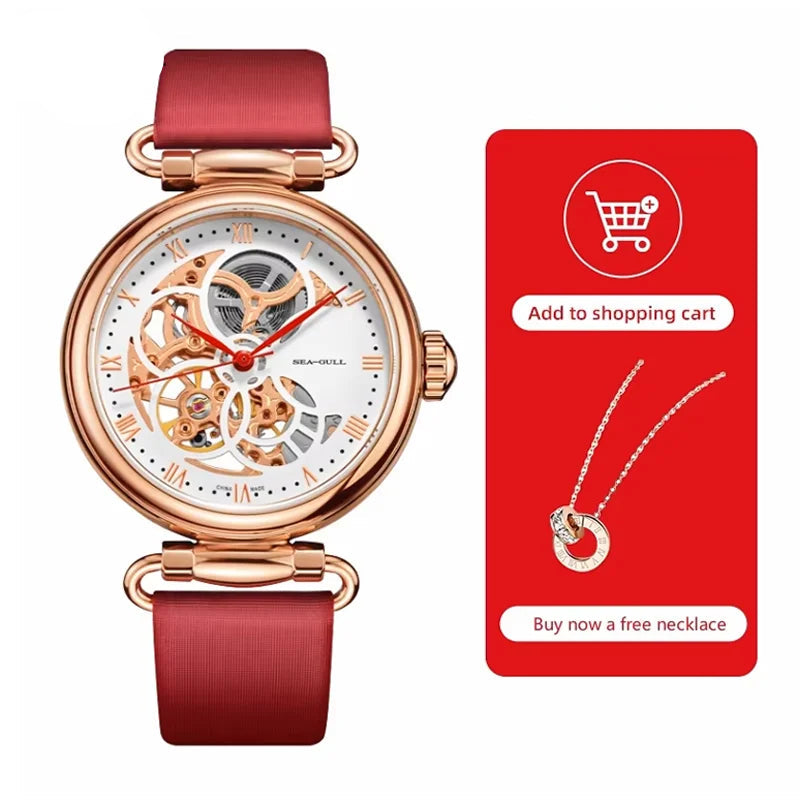 Leather Strap Waterproof Skeleton Automatic Mechanical Watch Necklace Set 6002L Series