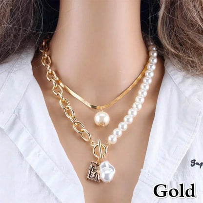 Vintage Baroque Pearl Square Pendant Alloy Pearl Necklace