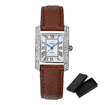 Elegant Square Diamond Waterproof Luxury Leather Quartz Watch