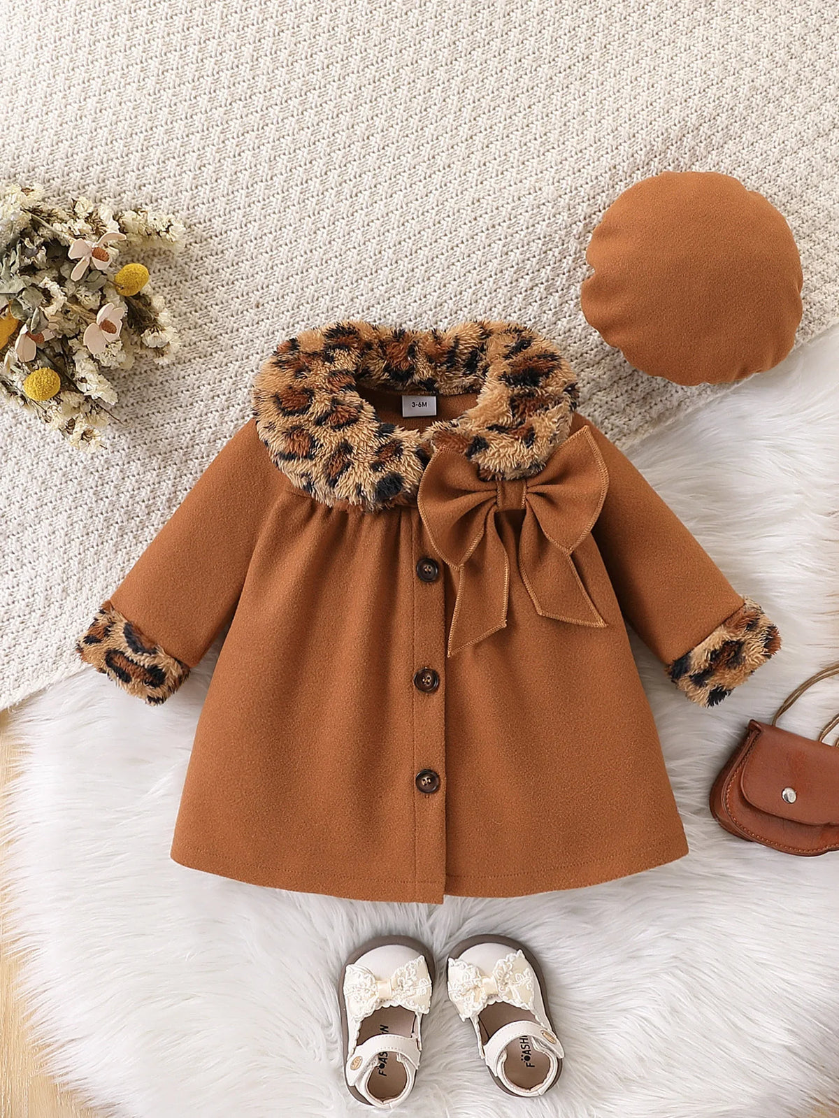 Retro Leopard Print Doll Collar Woolen Coat Set